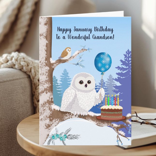 Grandson Happy January Birthday Snowy Owl Kort (Skapare uppladdad)