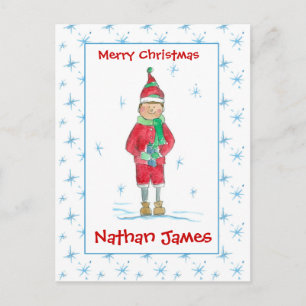 Grandson jul Elf Snöflingor Anpassningsbar Name a Helg Vykort