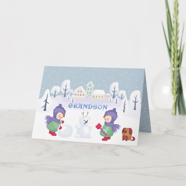 Grandson jul Snö Scene Blue Watercolor Helgkort (Framsida)