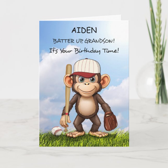 Grandson Personalize Baseball Birthday Monkey Kort (Framsida)