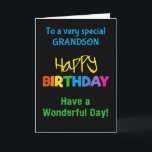 Grandson Rainbow Färg på Black Birthday Card Kort<br><div class="desc">Ett färglöst födelsedagskort för en morson,  med ljusa färgader på svart bakgrund,  ord "lycklig" i gult och ord "födelsedag" i regnbåge i färg.</div>