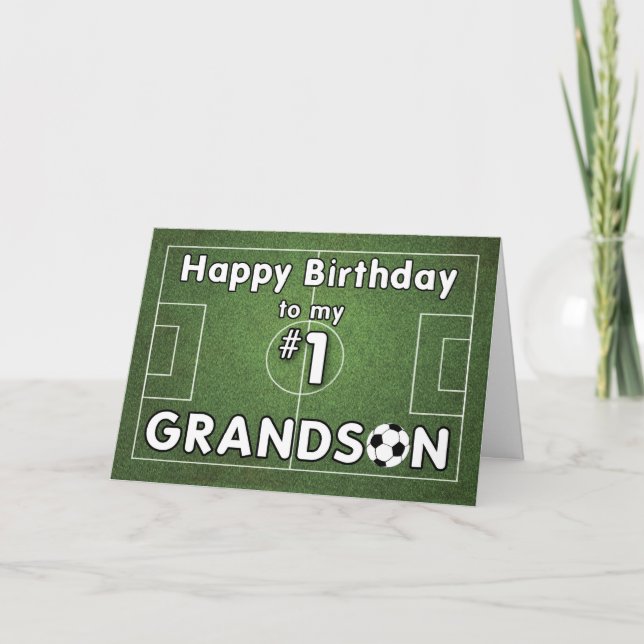 Grandson Soccer Birthday med Grass Fält och Boll Kort (Framsida)