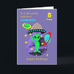Grandson Spaceship Alien Cute Grattis på födelseda Kort<br><div class="desc">Toppen,  söt tecknad rymden-temabild med lite grönt,  stjärnor,  planeter och rymdskepp. en sådan roligt och färgstark utformning och enkel att anpassa med namn,  ålder och budskap,  för den speciella beröringen i extra utan kostnad för extra.</div>