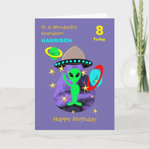 Grandson Spaceship Alien Cute Grattis på födelseda Kort