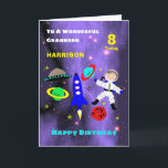 Grandson Spaceship Astronaut Cute Grattis på födel Kort<br><div class="desc">Toppen,  söt tecknad rymden-temabild med astronaut i rymden,  raketen,  stjärnorna,  planeterna och rymdskeppet. en sådan roligt och färgstark utformning och enkel att anpassa med namn,  ålder och budskap,  för den speciella beröringen i extra utan kostnad för extra.</div>