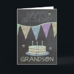 Grandson Trendig Chalk Board Effect Birthday Card Kort<br><div class="desc">Ett modernt kort för hälsning av kalkbrädor med tårtor och banderoller</div>