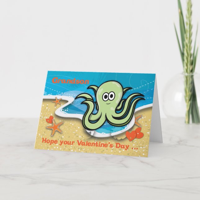 Grandson Valentine Day Tecknad Octopus Kort (Framsida)