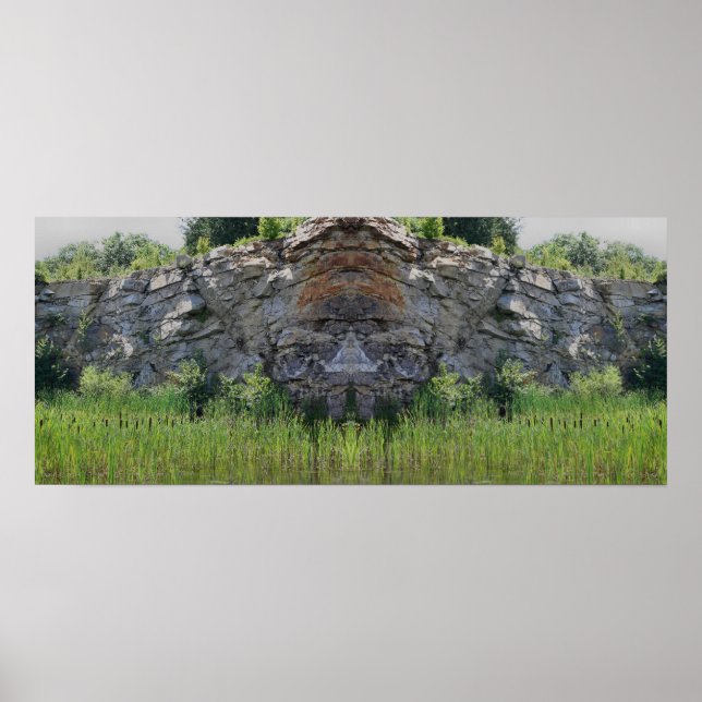 Granite Sten Cliff Cattails Pond Spegel Abstrakt Poster (Framsidan)