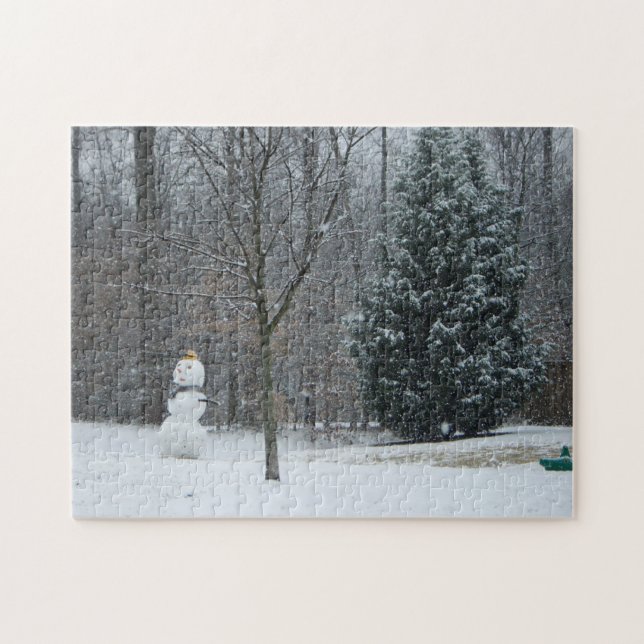 Grannens vinterscen i Snö i Snögubbe Pussel (Horisontell)