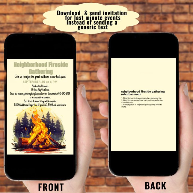 Grannskapets möte vid brasan Digital nedladdning Inbjudningar (When you need to send the invitation quickly, download it. Print it to mail when you have the time.)