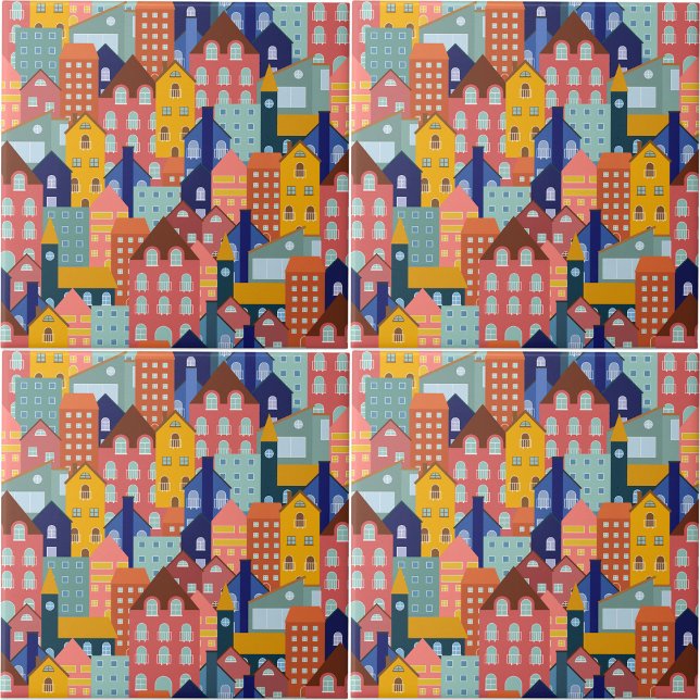 Grannskapsblock Stadshus Mönster Kakelplatta (Neighborhood Block City Houses Pattern Ceramic Tile)