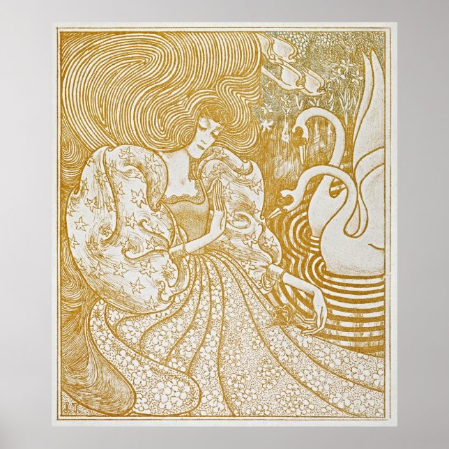 Grannskapstjänst: Vintagen Kvinna med Svanar Poste Poster (Framsidan)