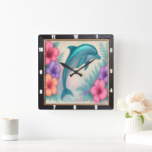 Grannval Dolphin Blommigt Art Fyrkantig Klocka