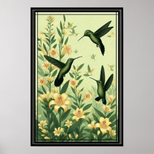 Grannvärdiga hummingbird between Golden Lilies Poster
