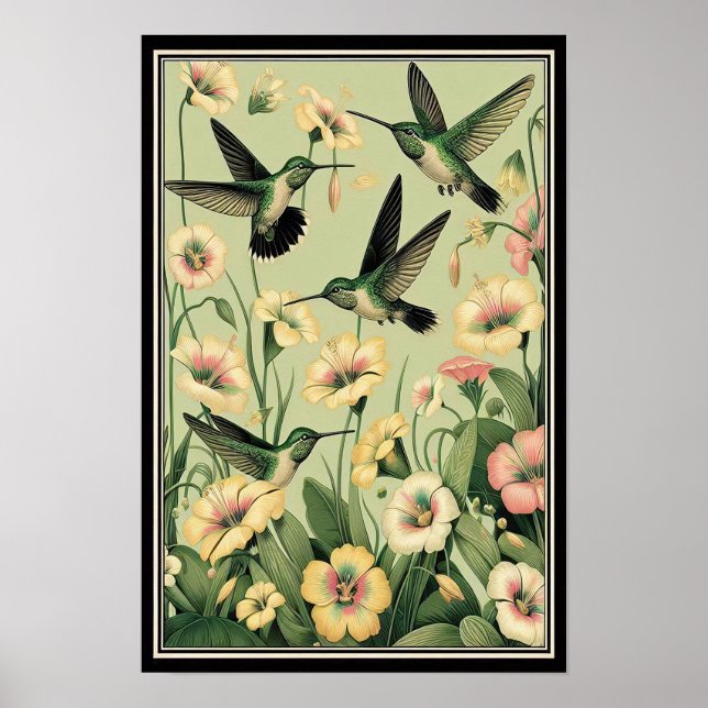 Grannvärdiga hummingbird between Golden Lilies Poster (Framsidan)