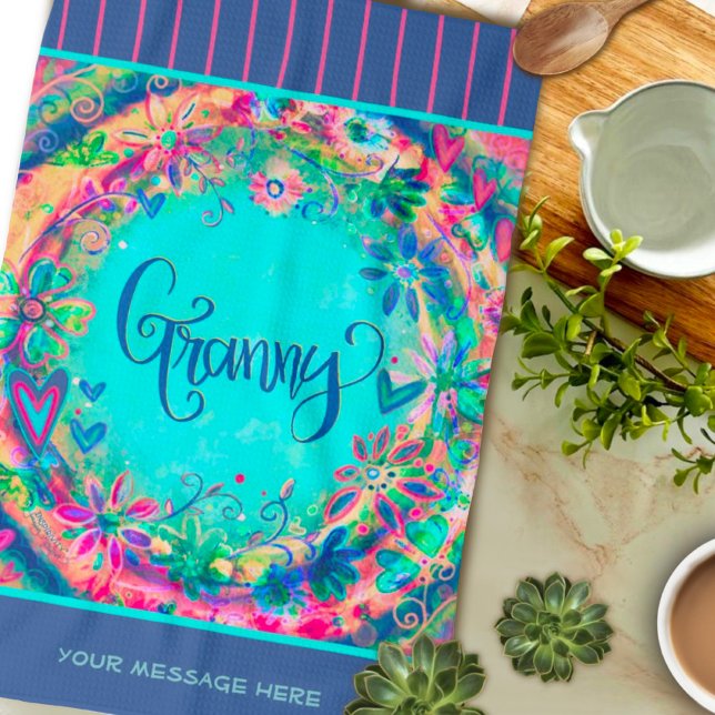 Granny Blue Söt Blommigt Hearts Personlig Kökshandduk (Skapare uppladdad)