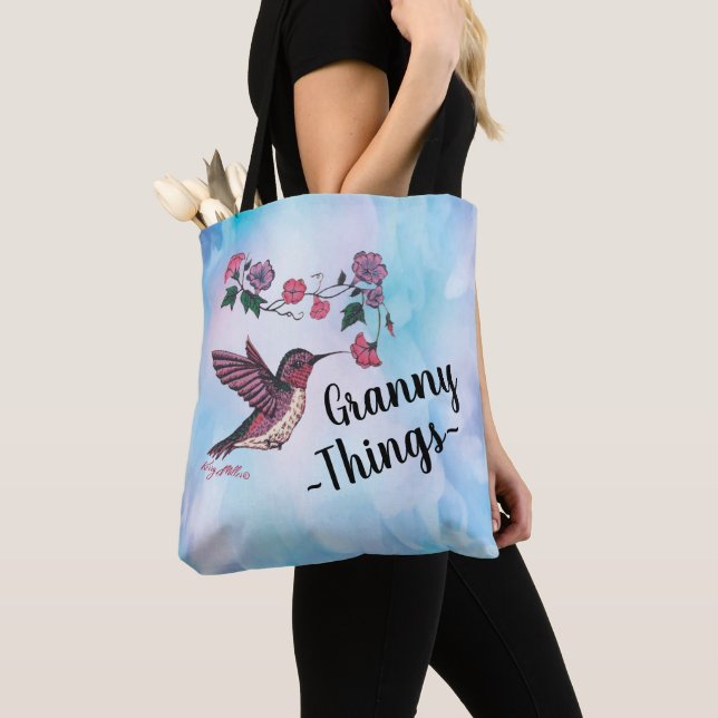 Granny Sak, Hummingbird and Flowers Tote Bag Tygkasse (Närbild)