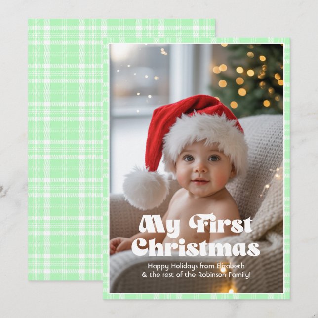 Granny Smith Apple Gingham Min Första Jul Bebis Julkort (Fram/baksida)
