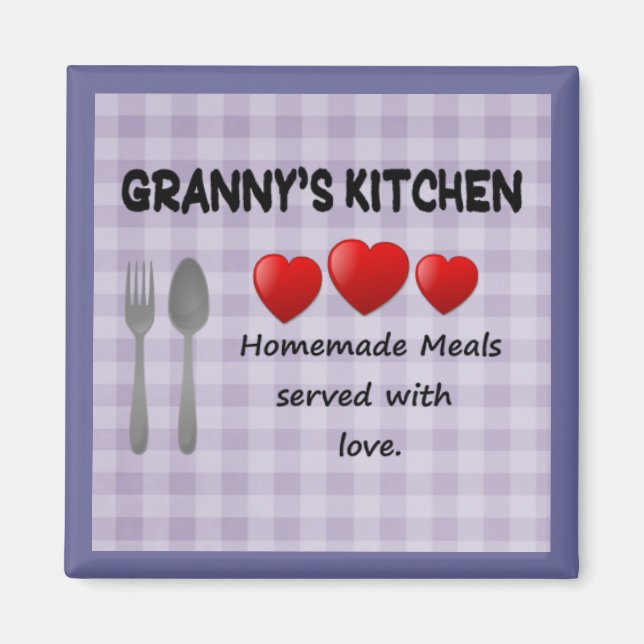 Grannys Kitchen Lila Gingham Magnet (Framsidan)