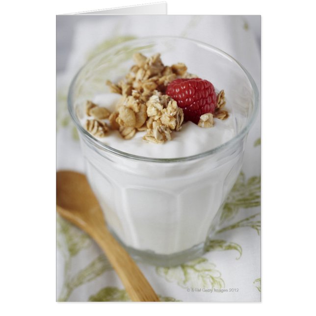 Granola, havre, rostat, frukt, bär, hallon, havre, hälsningskort (Framsidan)