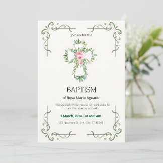 Gräns-baptism i Cream och Beige Blommigt Inbjudningar