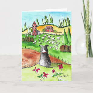 Gräns Collie and Sheep, Watercolor Folk Art Card Kort