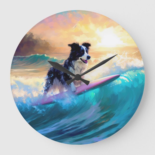 Gräns Collie Beach Surfing Painting Stor Klocka (Framsida)
