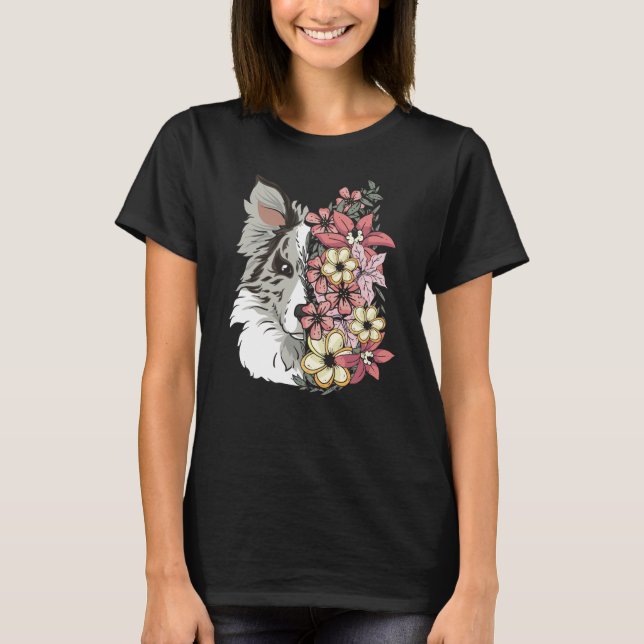 Gräns Collie Blue Merle with Flowers T Shirt (Framsida)