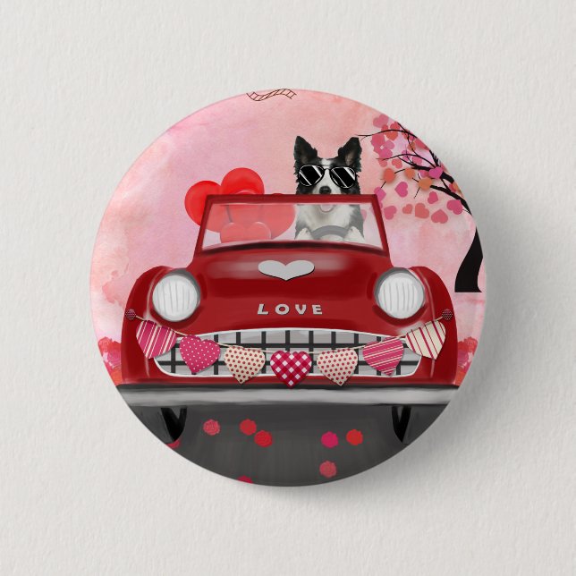 Gräns Collie Driving Car with Hearts Valentine's Knapp (Framsida)