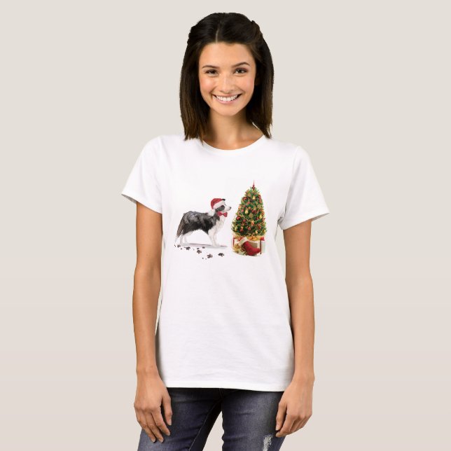 Gräns Collie Funny jul Hund med Träd T Shirt (Hel framsida)