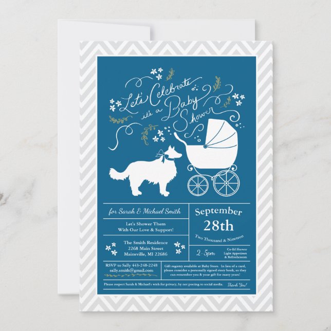 Gräns Collie Hund Baby Shower Blue Boy Inbjudningar (Framsida)
