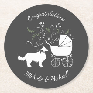 Gräns Collie Hund Baby Shower Puppy Grått Underlägg Papper Rund