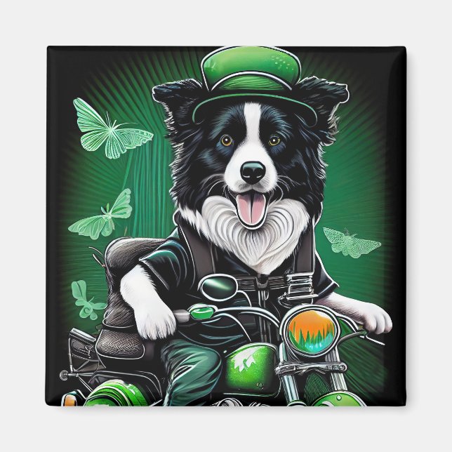 Gräns Collie Hund Driving Bike St. Patrick's Day Magnet (Framsidan)