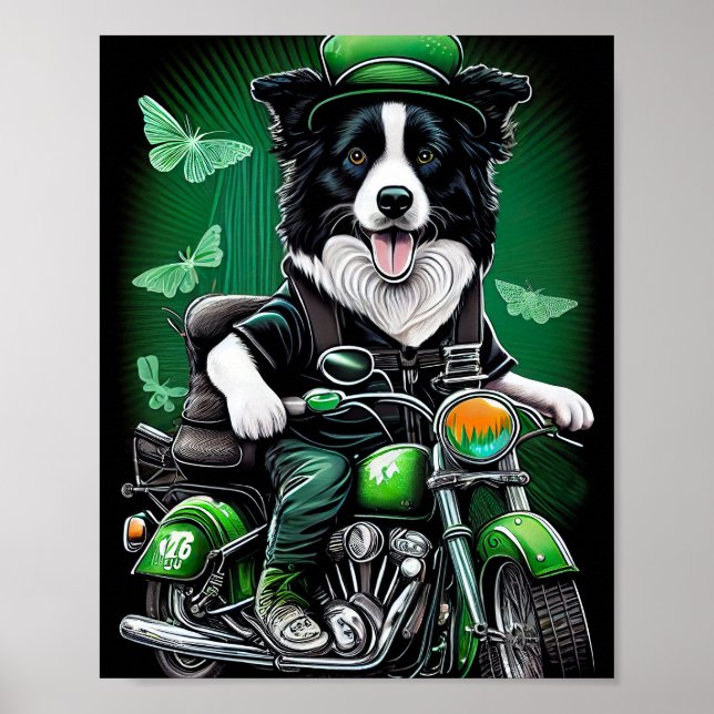 Gräns Collie Hund Driving Bike St. Patrick's Day Poster (Framsidan)