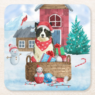 Gräns Collie Hund i julhuset snö i Hund Underlägg Papper Kvadrat
