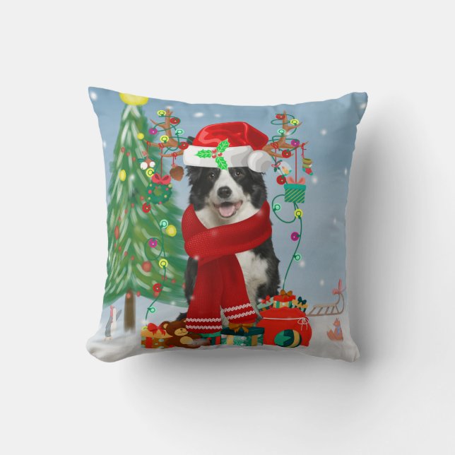 Gräns Collie hund i Snö med julklappar Kudde (Framsida)