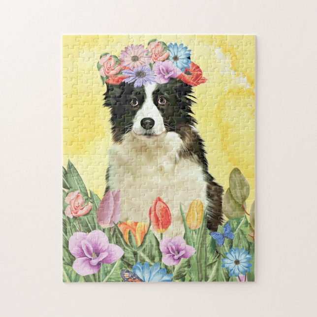 Gräns Collie Hund med Flowers Vår Pussel (Vertikal)