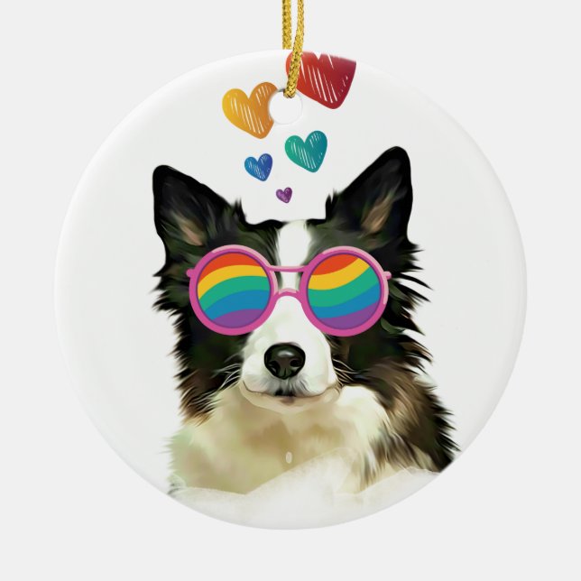 Gräns Collie Hund med Hearts Valentine Day Julgransprydnad Keramik (Framsidan)