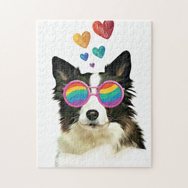 Gräns Collie Hund med Hearts Valentine Day Pussel (Vertikal)