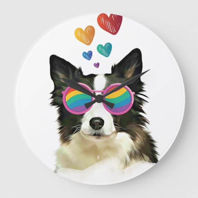 Gräns Collie Hund med Hearts Valentine Day Stor Klocka (Framsida)