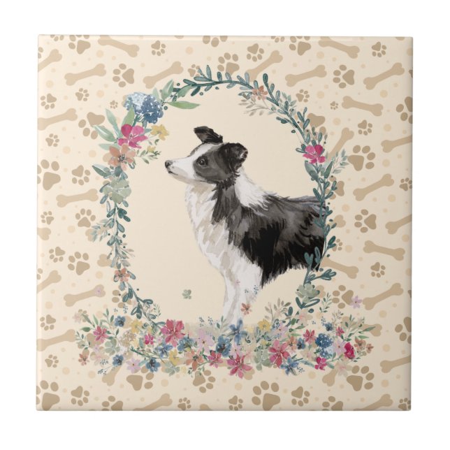 Gräns Collie Hund Paw Print Blommigt Cute Beige Kakelplatta (Framsidan)