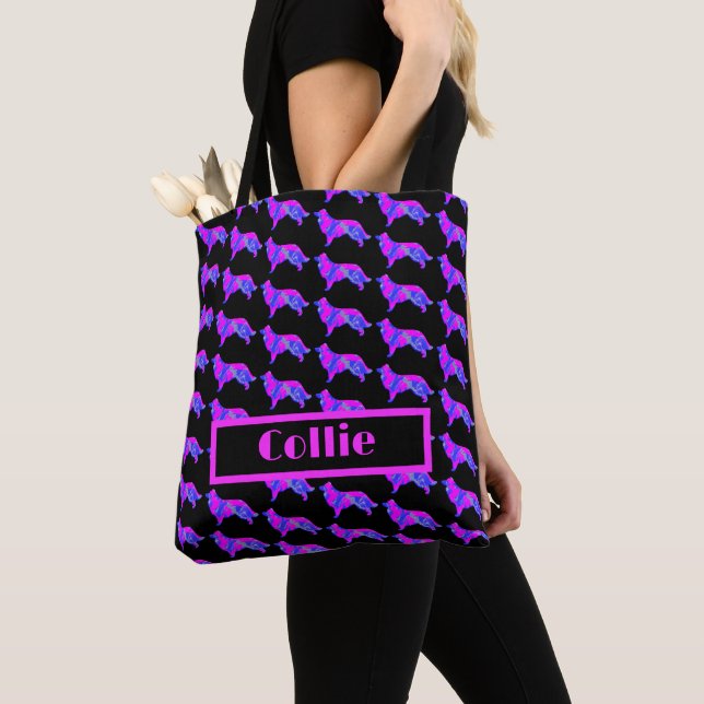 Gräns Collie Hund Rosa Blue Silhouette Monogram Tygkasse (Närbild)