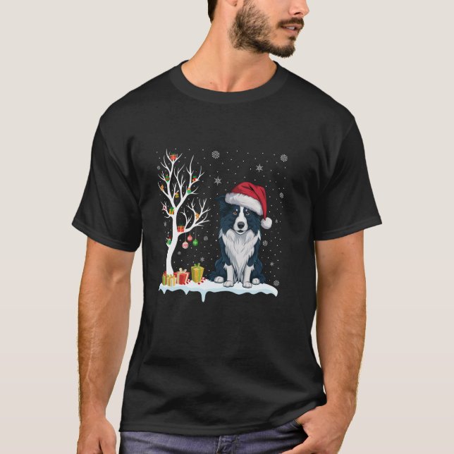 Gräns Collie Hund Santa Hat Festive Träd Light Xma T Shirt (Framsida)