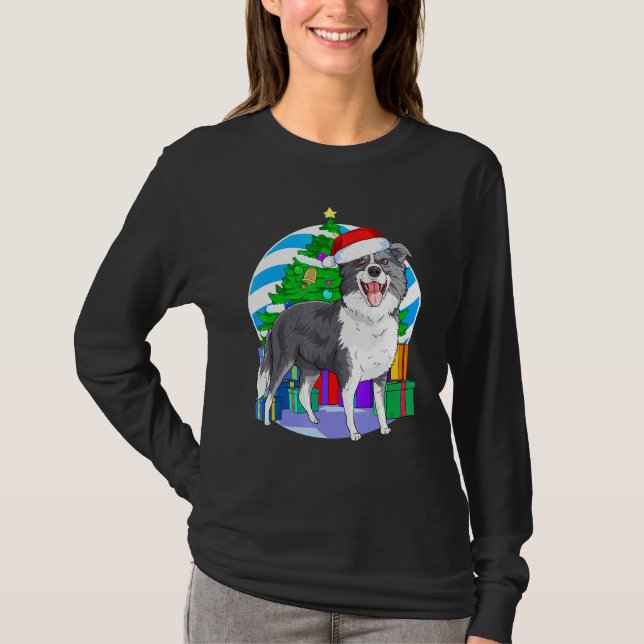 Gräns Collie Hund Santa Julgran Decor T Shirt (Framsida)