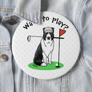 Gräns Collie Hund som spelar Golf-Roligt (svartvit Knapp