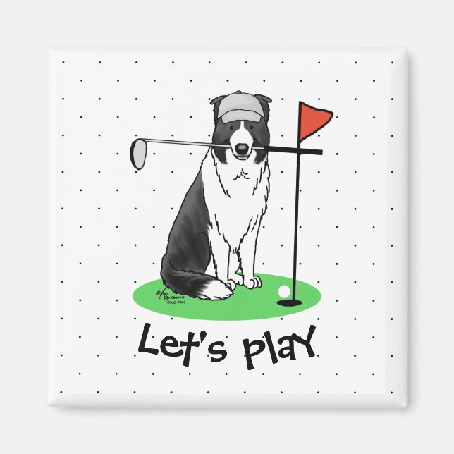 Gräns Collie Hund som spelar Golf-Roligt (svartvit Magnet (Framsidan)