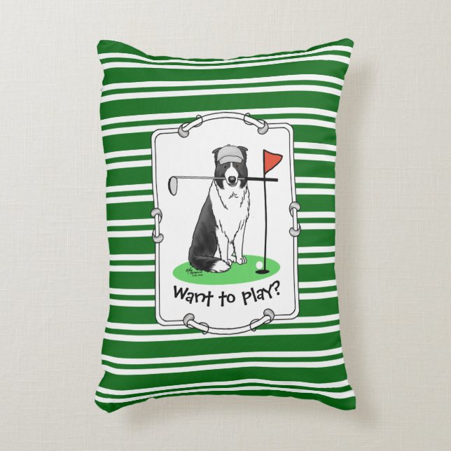 Gräns Collie Hund som spelar Golf-Roligt (svartvit Prydnadskudde (Framsidan(Vertikal))