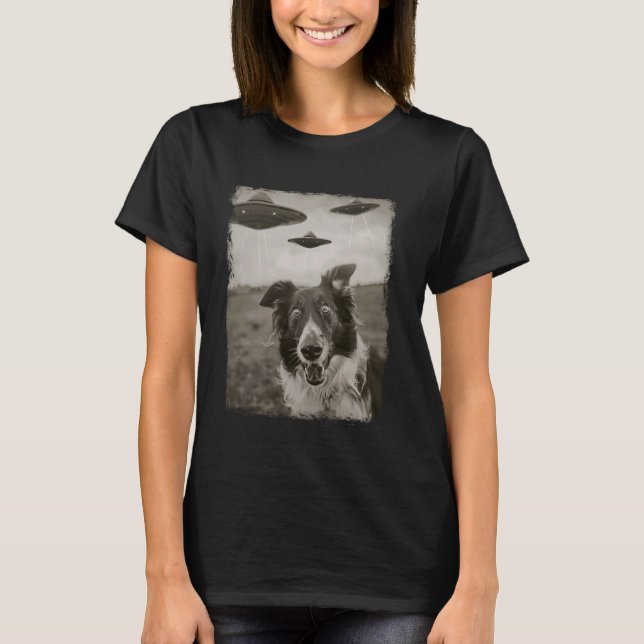 Gräns Collie Hund UFO Alien Extraterrestrial Selfi T Shirt (Framsida)