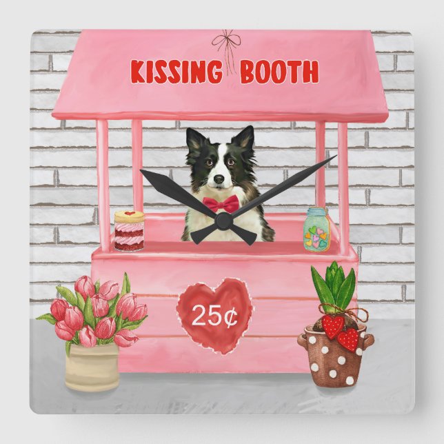 Gräns Collie Hund Valentine Day Kissing Booth Fyrkantig Klocka (Framsida)