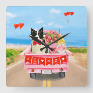 Gräns Collie Hund Valentine Day Lastbil Hearts Fyrkantig Klocka